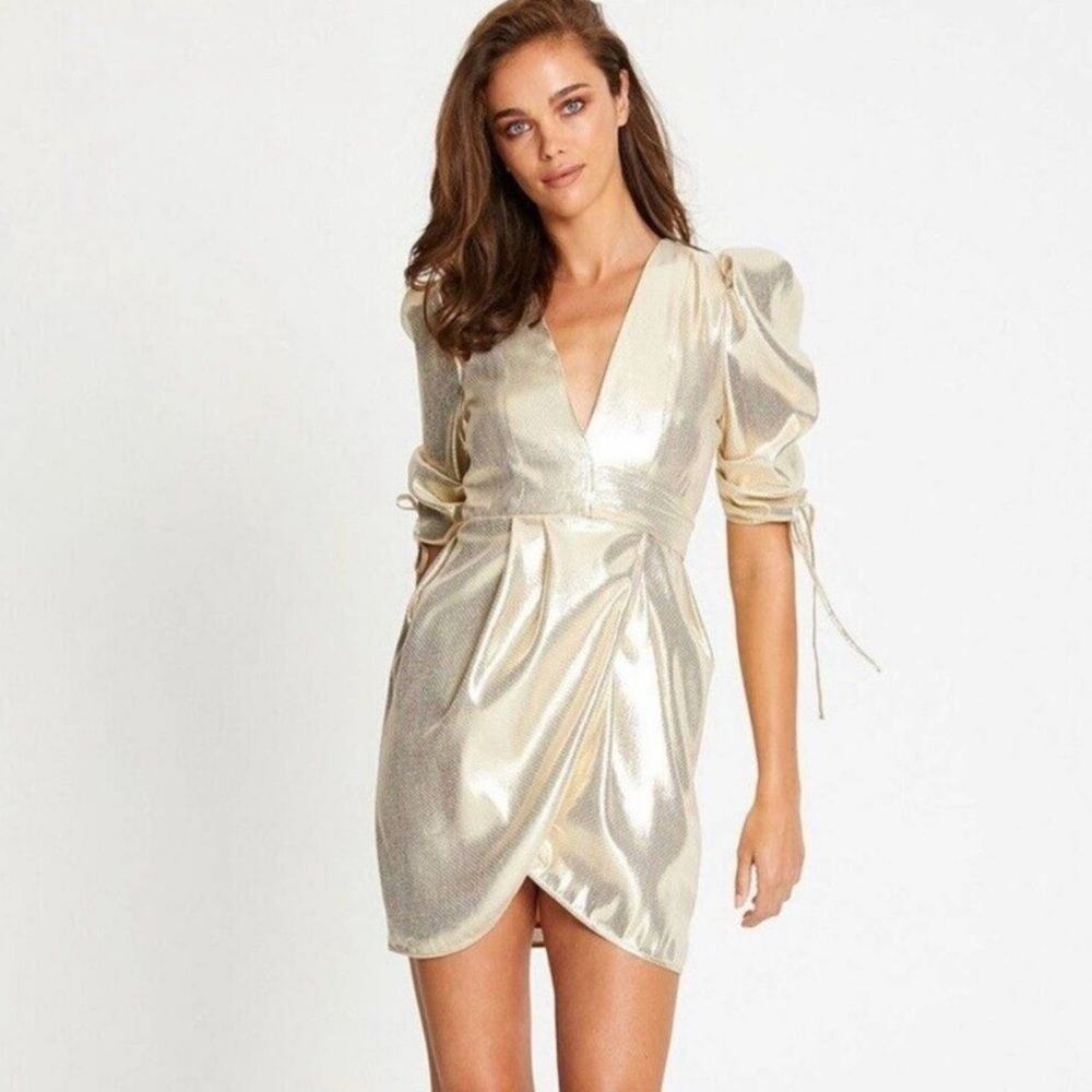 Alice McCall Astral Plane Cap Sleeve Metallic Gold Mini Dress Size 6 $475